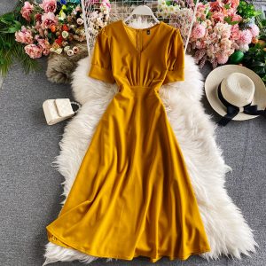 Casual Dress For Women Korean Retro V-neck Chiffon Short Sleeve Dresses