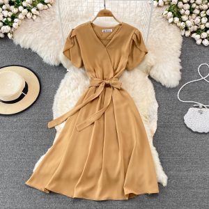 Summer Short Sleeve Dress for Women Korean V neck High Waist Plain Midi Dresses