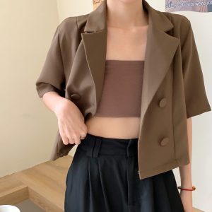 Korean Crop Top For Womenblouse Fashion High-waist Short-sleeved Blazer Top