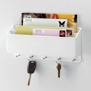 mDesign Wall Mount Plastic Divided Mail Organizer Storage Basket - 2 Sections, 5 Metal Peg Hooks - for Entryway, Mudroom, Hallway, Kitchen, Office - Holds Letters, Magazines, Coats, Keys - Cream/Beige